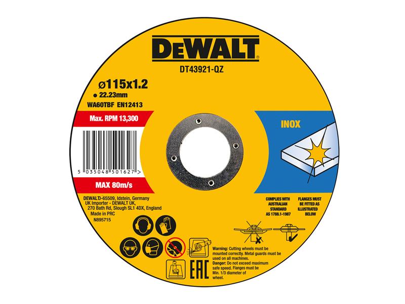DEWALT DEWDT43921QZ DT43921 Metal Cut Off Disc 115 x 1.2 x 22.23mm (Pack 10)