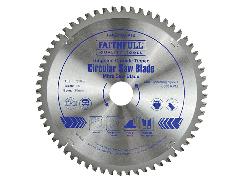 Faithfull FAIZ21660ATB TCT Cross Cut Mitre Saw Blade 216 x 30mm x 60T NEG