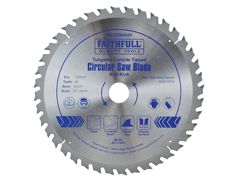 Faithfull FAIZ25040AK Circular Saw Blade Anti Kick 250 x 30mm x 40T