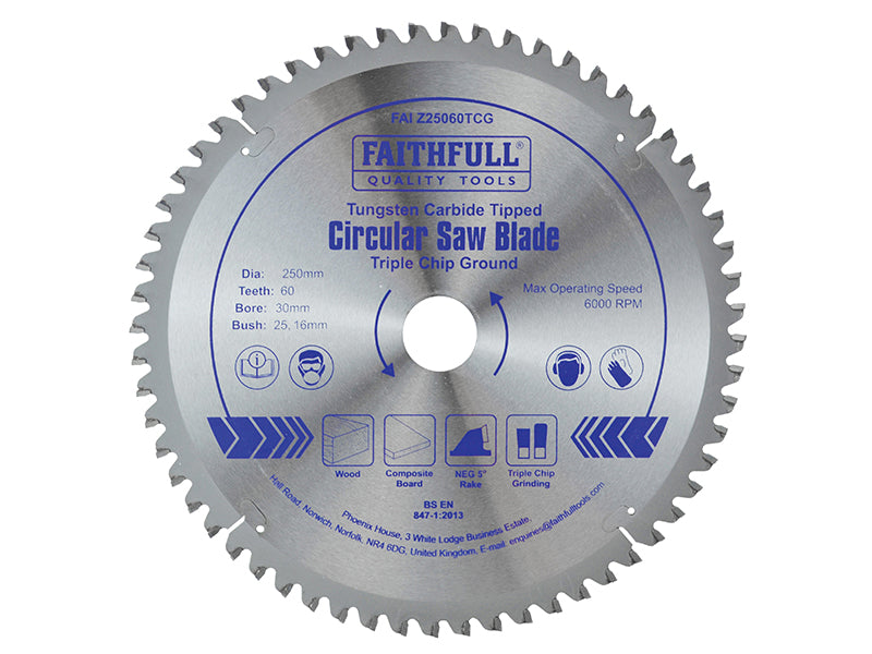 Faithfull FAIZ25060TCG TCT Circular Saw Blade, Negative Rake