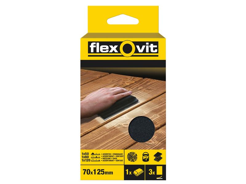 Flexovit FLV56830 Hook & Loop Sanding Block Kit Assorted 70 x 125mm (Pack 3)