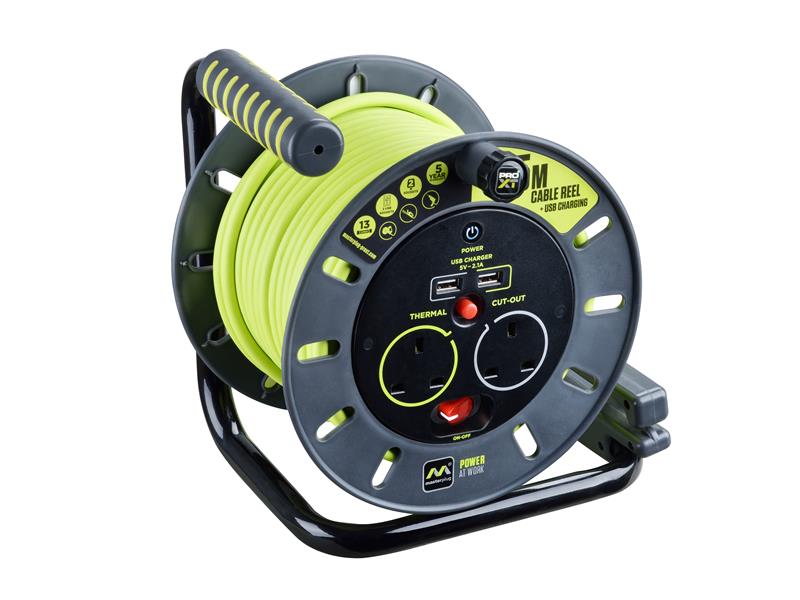 Masterplug MSTOMU25132 PRO-XT Open Cable Reel 240V 13A 2-Socket & 2 USB (2.1A Shared) 25m