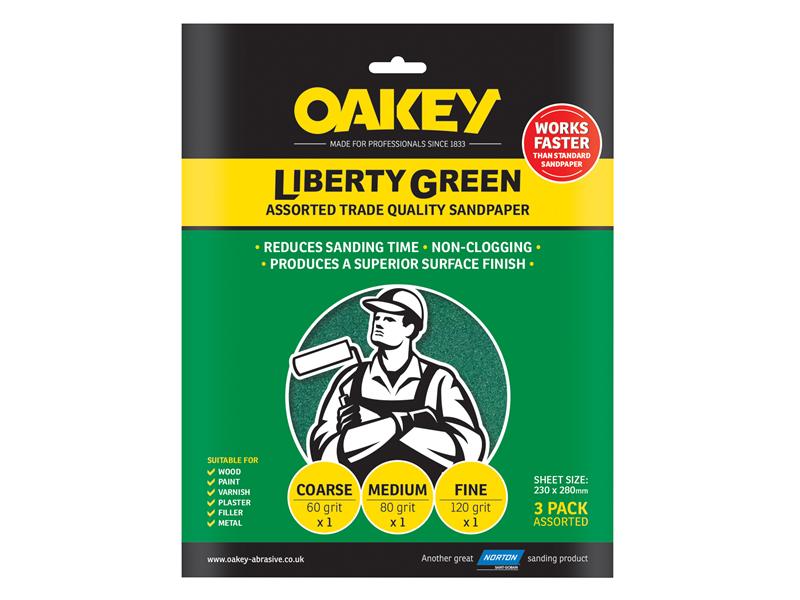 Oakey OAK84727 Liberty Green Aluminium Oxide Sheets 230 x 280mm Assorted (3)