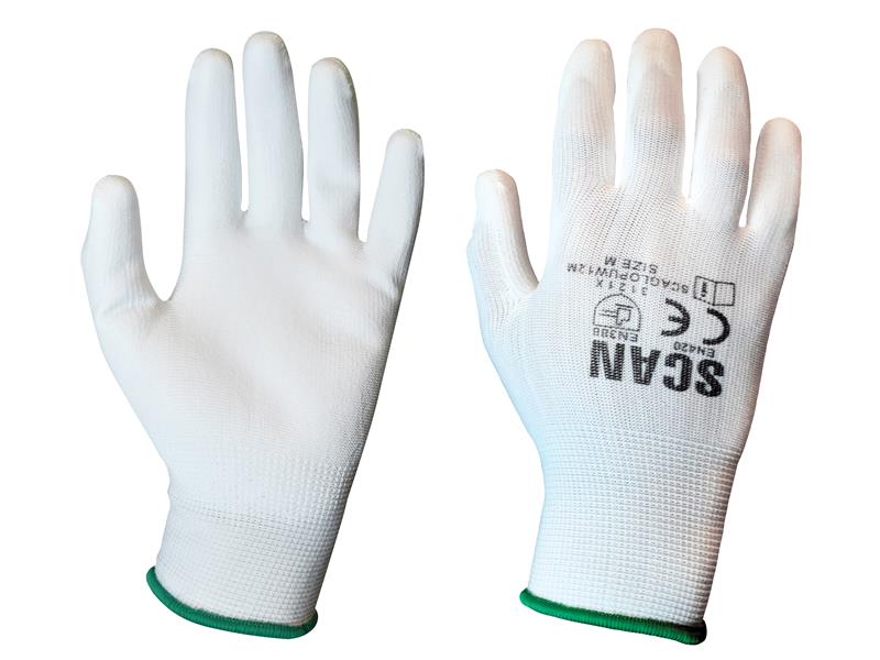 Scan SCAGLOPUW12M White PU Coated Gloves (Pack 12)