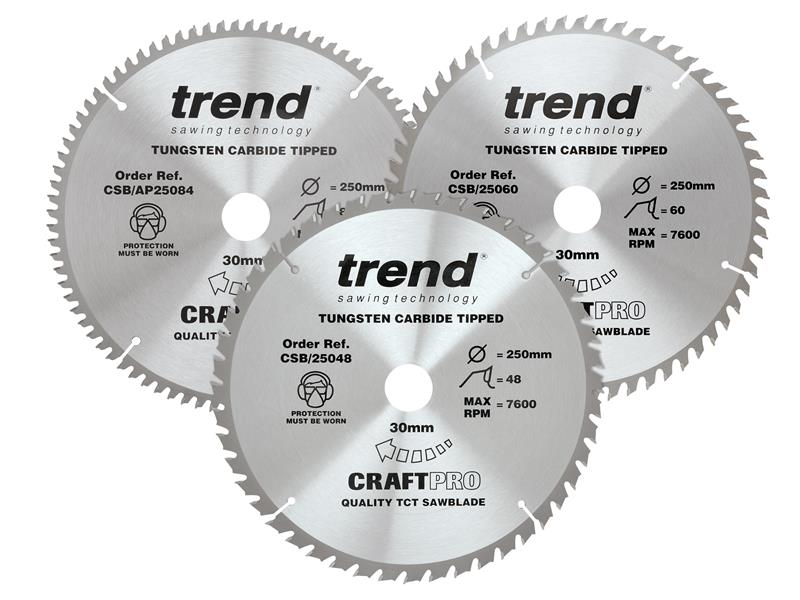 Trend TRECSB250P3 CraftPro Table Saw Blade 250 x 30mm x 48T/60T/84T (Pack 3)