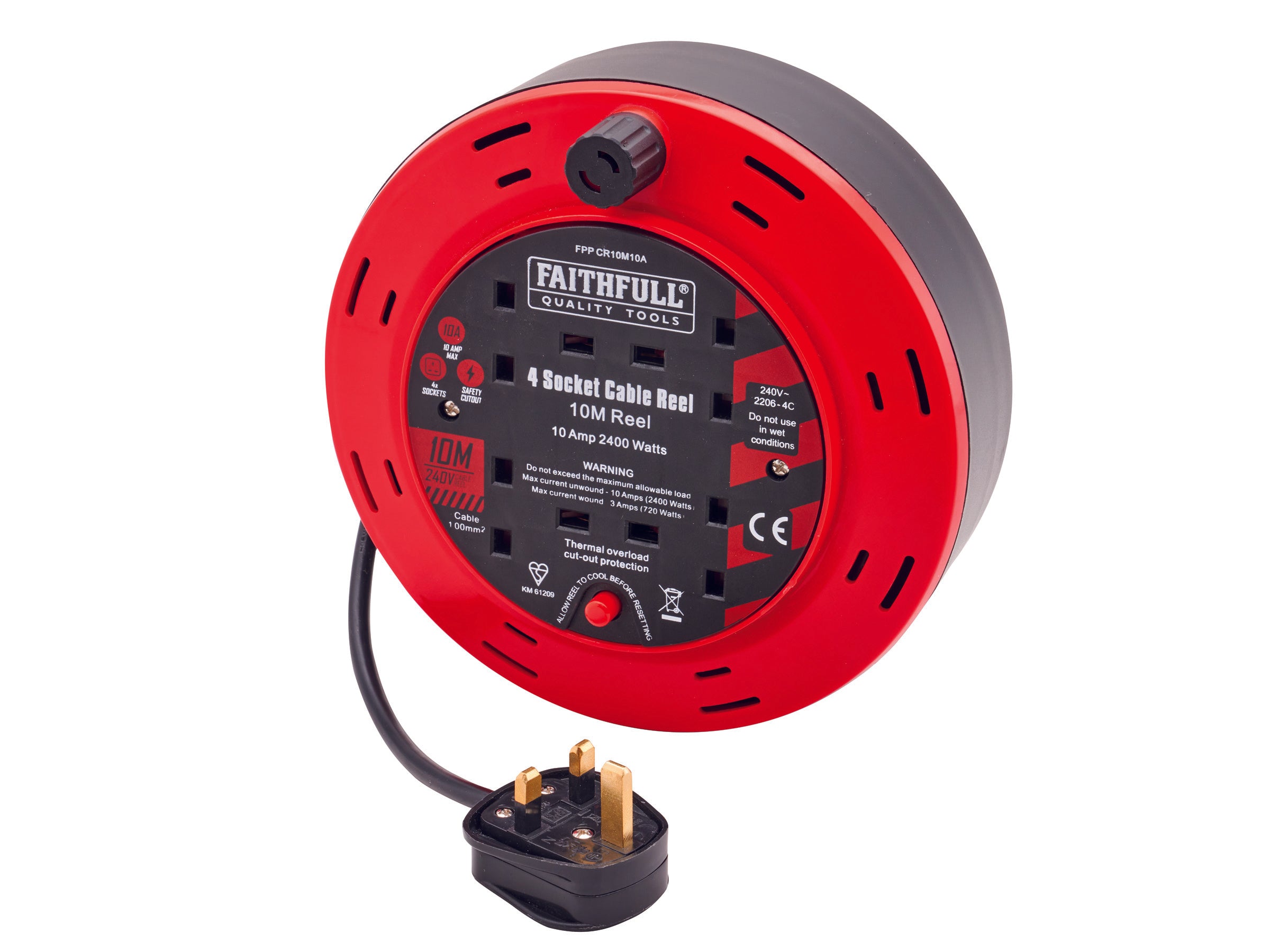 Faithfull 10m Cable Reel 10A, 4 Sockets