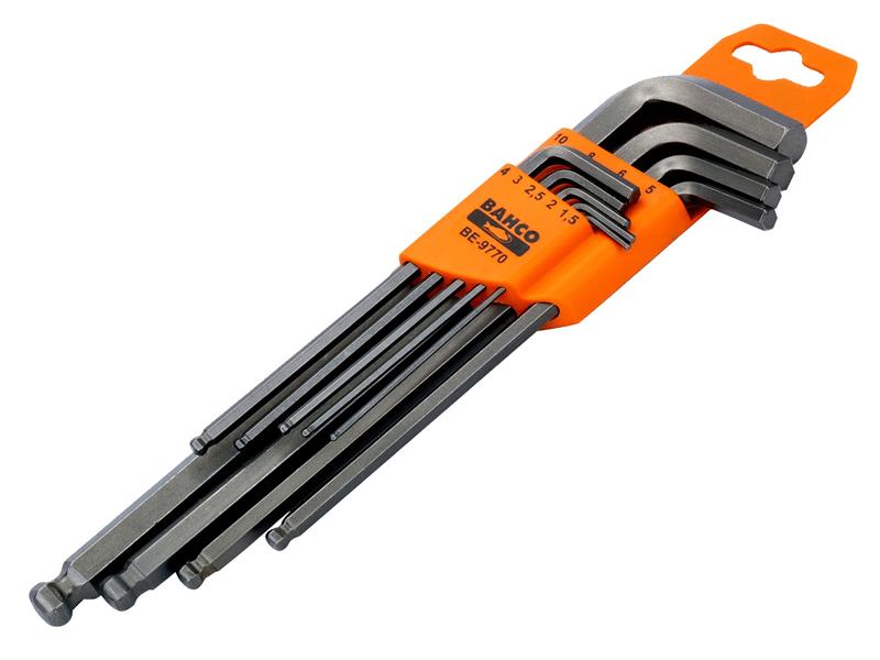 Bahco BAH9770 BE-9770 Metric Long Ball End Hex L-Key Set, 9 Piece