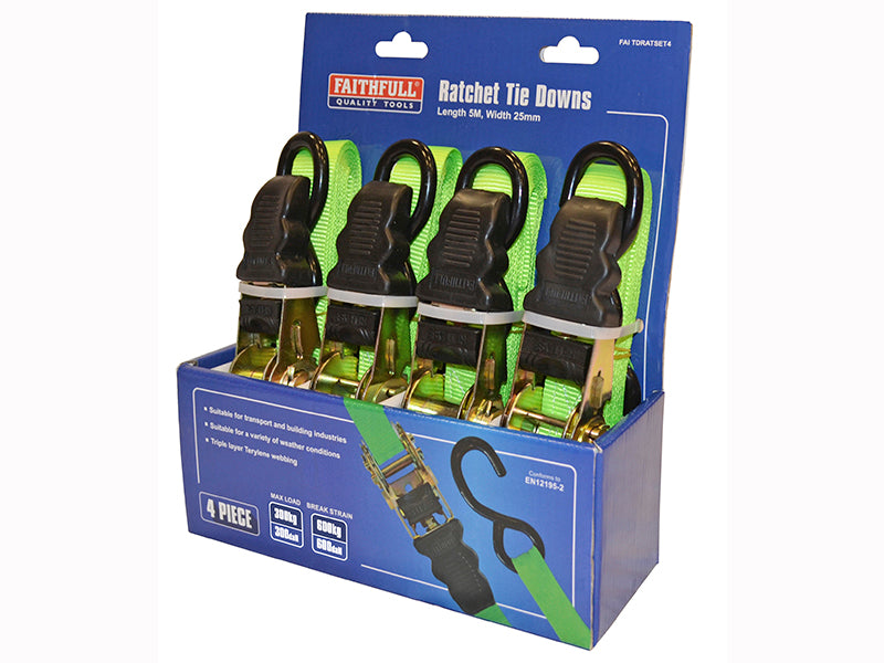 Faithfull FAITDRATSET4 Ratchet Tie-Downs 5m x 25mm Green 4 Piece