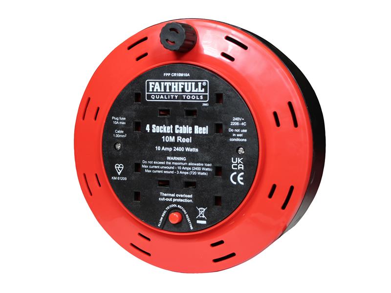 Faithfull Power Plus FPPCR10M10A Cable Reel 240V 10A 4-Socket 10m