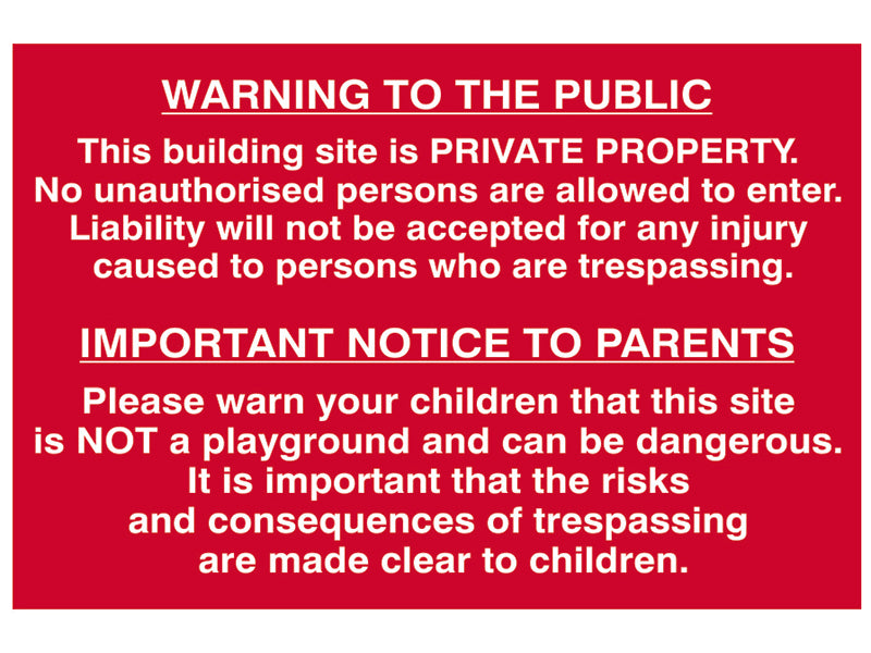 Scan SCA4251 Building Site Warning to Public & Parents - PVC Sign 600 x 400mm